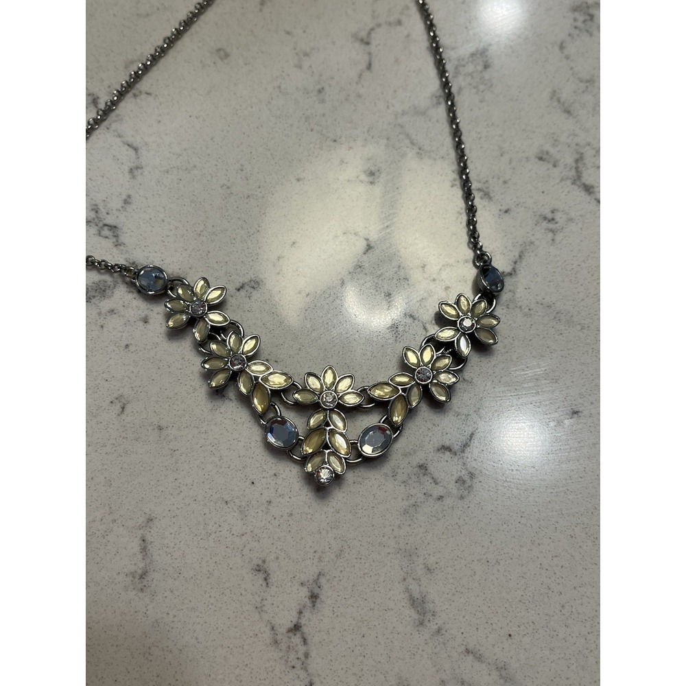 Lia Sophia Silver Floral Statement Necklace White Enamel Crystals Adjustable - Picture 3 of 7